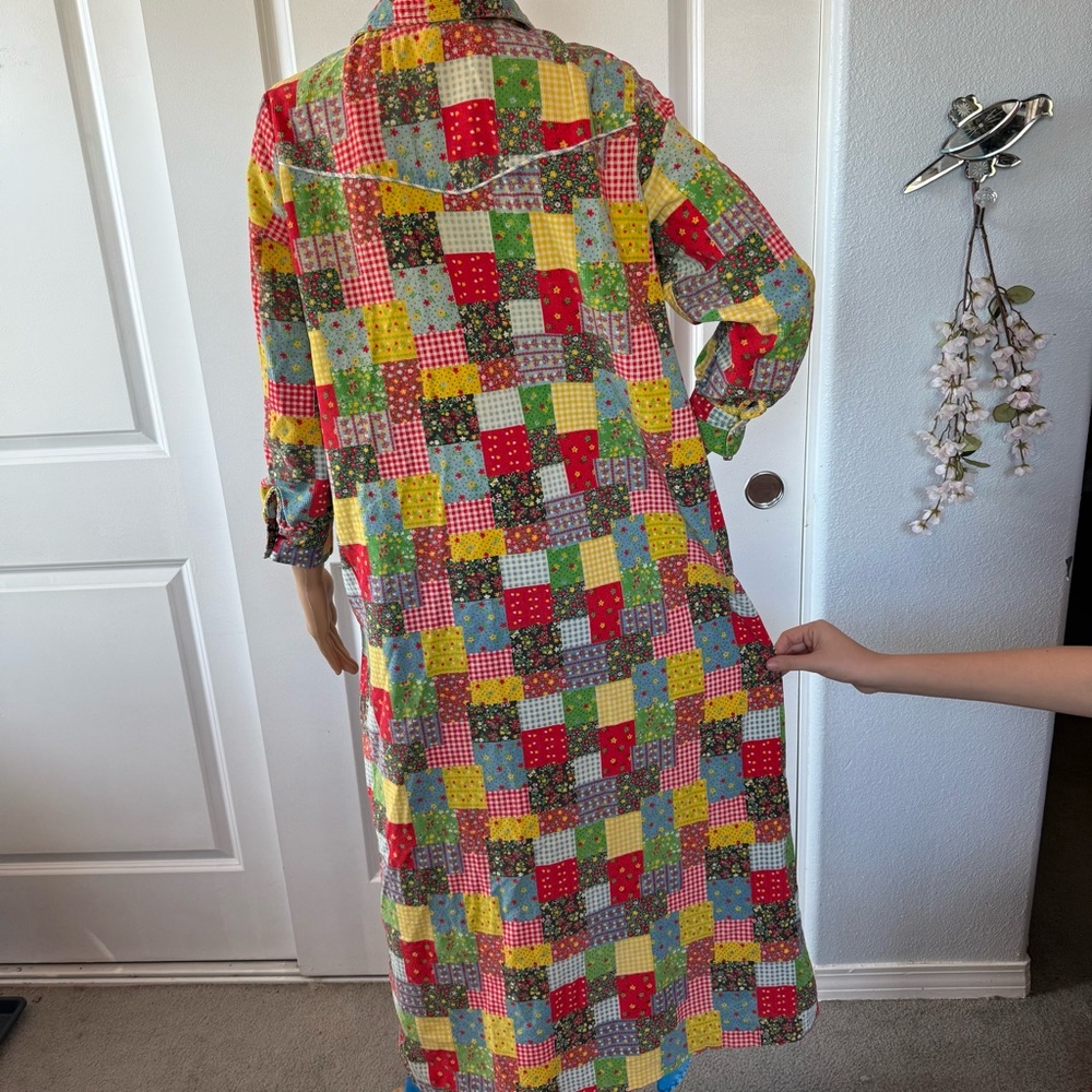 VINTAGE 60s 70s Colorful Patchwork Corduroy Snap Front Housecoat Robe M L hippie - Picture 9 of 14